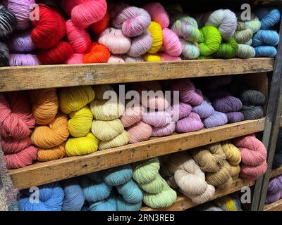 Skeins of yarn for sale at a yarn store in the East Village in New York City. Stock Photo