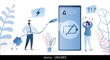 Modern smartphone which needs charging,low battery sign. Sad woman with speech bubble and male with charger. Design isolated on white background. Tren Stock Vector