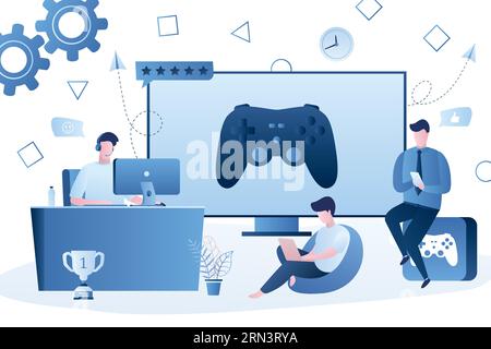 Various gamers,big game controller on screen. People with different smart gadgets playing video games. Cross Platform Multiplayer concept. Players mal Stock Vector