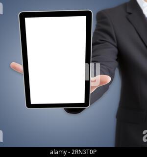 Businessman holding tablet. White blank screen copy space. Stock Photo