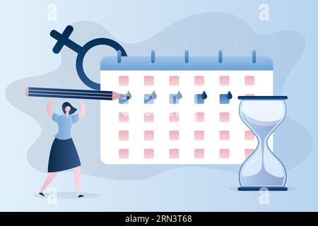 Woman notes calendar menstrual cycle menstruation. Woman with big pencil,planner and hourglass. Beauty female character in trendy style. Healthcare ba Stock Vector