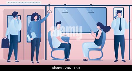 Subway underground, train car modern interior with various passengers. People sitting and standing in metro wagon.Humans use public transportation. Tr Stock Vector