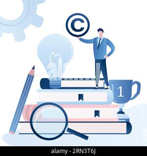 Patent Office, Bureau banner. Man clerk  holding Copyright symbol. Pile of books,idea bulb and winner cup. Legal consultation. Intellectual property d Stock Vector