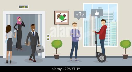 Hallway in office building. Business people in various poses,open elevator. Cartoon interior with furniture. Flat vector illustration Stock Vector