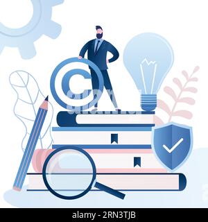 Patent Office, Bureau banner. Man clerk  holding Copyright symbol. Pile of books,idea bulb and protection shield. Legal consultation. Intellectual pro Stock Vector