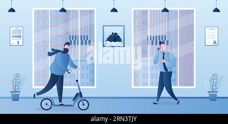 Hallway in office building. Business people in various poses. Businessman riding a scooter. Handsome male characters. Cartoon interior with furniture. Stock Vector