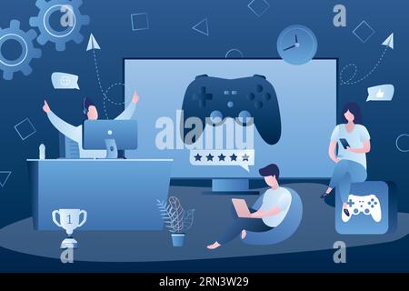 Various gamers,big game controller on screen. People with different smart gadgets playing video games. Cross Platform Multiplayer concept. Players cha Stock Vector