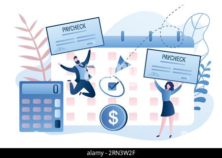 Calendar with payday, calculator and business people holding paycheck. Employees getting paycheck cash.Funny business characters in trendy style. Vect Stock Vector