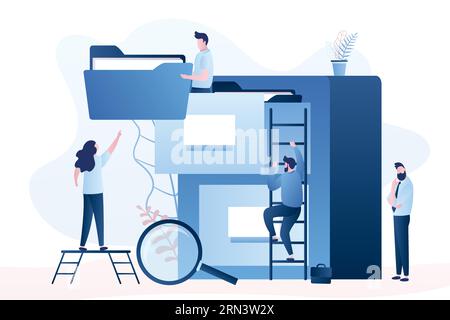Business people searching through files. Man with folder in document box. Cataloging and searching for documents. Funny male and female characters in Stock Vector