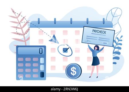 Calendar with payday, calculator and female employee getting a paycheck. Paycheck cash. Woman holds a paycheck after work. Trendy style vector illustr Stock Vector