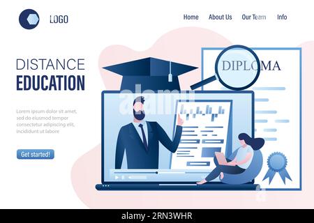 Distance education or business training landing page. Laptop with video course,male mentor and female student. Online webinar or  e-learning. Skills i Stock Vector