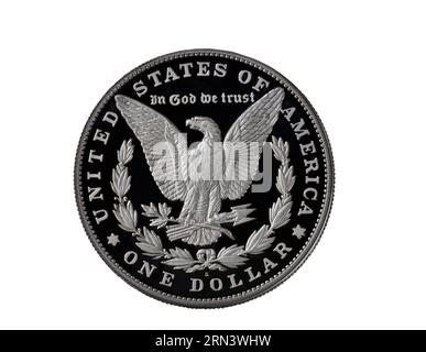 2023 reverse side of Morgan silver dollar in proof format isolated on a white background Stock Photo