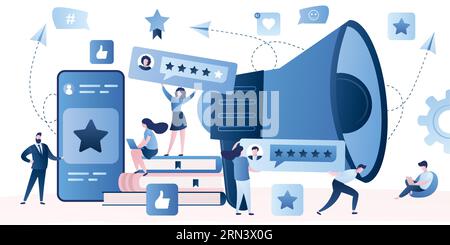 Big megaphone and various people rate with stars and icons. Rank and rating scale, high-ranking, top-ranking concept on white background. Tiny humans Stock Vector
