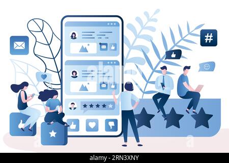 Big modern smartphone with social network application. Chatting and social communication. Various people with smart gadgets. Web buttons and signs in Stock Vector