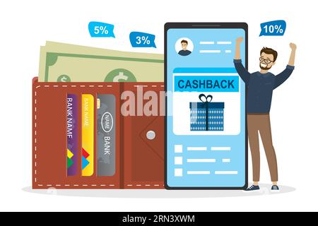 Modern smartphone with bank application. Cashback service concept isolated on white background. Happy handsome man. Wallet with money and cards. Finan Stock Vector