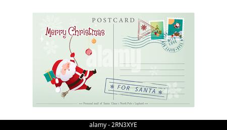 Template of an old Christmas envelope with a picture of Santa Claus going down the chimney. Retro style Christmas postcard with rubber seal, stamp Stock Vector