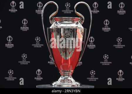 MONTE CARLO, MONACO. The UEFA Champions League Trophy on Display on the Red carpet prior to the UEFA European Club Football Season Kick Off - Monaco. Picture date: 31st August 2023. Picture credit should read: Jonathan Moscrop/Sportimage Credit: Sportimage Ltd/Alamy Live News Stock Photo