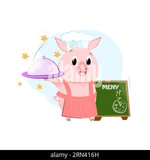 Friendly pig holding restaurant dish and presenting menu Stock Vector