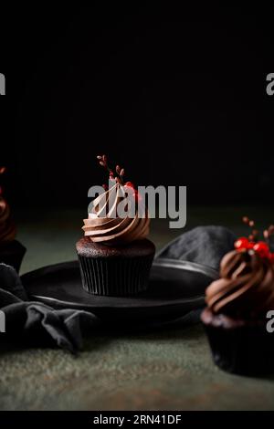 Beautiful chocolate cupcake with chocolate frosting garnished with red currants and a branch. Rustic styled. Placed on a black ceramic plate. Stock Photo