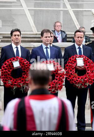 (150508) -- LONDON, May 8, 2015 -- British Prime Minister David Cameron, outgoing Liberal Democratic Party leader Nick Clegg and outgoing opposition Labour Party leader Ed Miliband (from R to L), attend a VE Day service of remembrance at the Cenotaph on Whitehall to commemorate the 70th anniversary of the end of the World War II in Europe in London, Great Britain, on May 8, 2015.) BRITAIN-LONDON-WWII-VE DAY-SERVICE OF REMEMBRANCE HanxYan PUBLICATIONxNOTxINxCHN   150508 London May 8 2015 British Prime Ministers David Cameron Outgoing Liberal Democratic Party Leader Nick Clegg and Outgoing Oppos Stock Photo