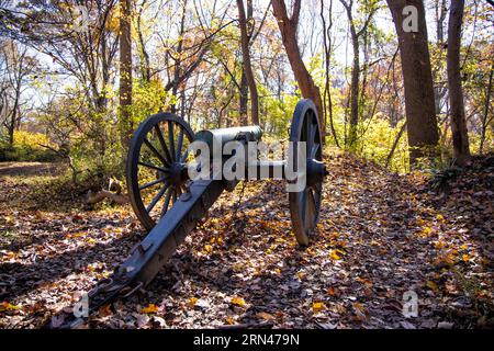 ARLINGTON, VA, United States — A Civil War-era cannon at Fort Marcy in Arlington, Virginia. The fort, built by the Union Army in 1861, features well-preserved earthworks and artillery that played a crucial role in the defense of Washington DC during the Civil War. Managed by the National Park Service, Fort Marcy is a significant historical site offering insights into the military strategies of the era. Stock Photo