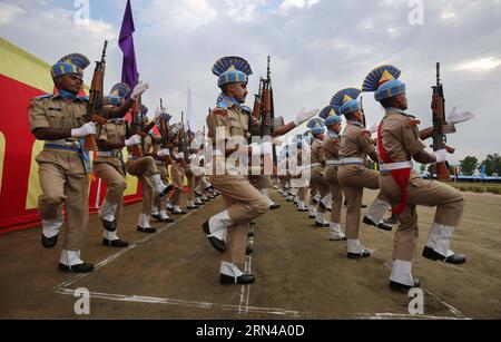 (150514) -- SRINAGAR, May 14, 2015 -- Recruits of India s Central Reserve Police Force (CRPF) take part in a passing-out parade at a training center on the outskirts of Srinagar, the summer capital of Indian-controlled Kashmir, May 14, 2015. A total of 341 recruits were formally inducted into the India s CRPF after completing nine months of rigorous training in physical fitness, weapon handling, commando operations and counter insurgency, a CRPF spokesman said. ) (azp) KASHMIR-SRINAGAR-PASSING-OUT PARADE JavedxDar PUBLICATIONxNOTxINxCHN   150514 Srinagar May 14 2015 recruits of India S Central Stock Photo