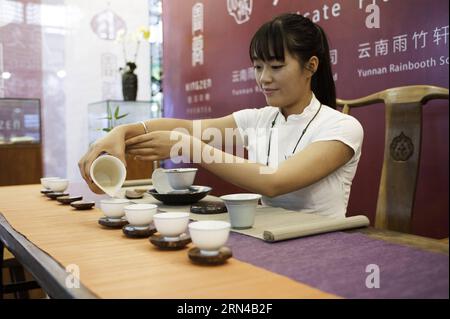 (150515) -- KUNMING, May 15, 2015 -- A staff member demonstrates tea art during the 10th China Yunnan Pu er Tea Expo in Kunming, capital of southwest China s Yunnan Province, May 15, 2015. The four-day tea expo, kicked off in Kunming on Friday, attracting over 400 tea companies. ) (yxb) CHINA-KUNMING-PU ER TEA EXPO (CN) LyuxShuai PUBLICATIONxNOTxINxCHN   Kunming May 15 2015 a Staff member demonstrates Tea Art during The 10th China Yunnan Pu he Tea EXPO in Kunming Capital of Southwest China S Yunnan Province May 15 2015 The Four Day Tea EXPO kicked off in Kunming ON Friday Attracting Over 400 T Stock Photo