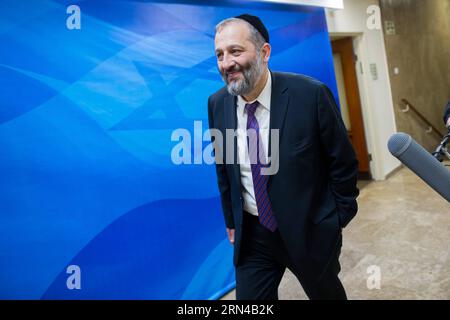 (150515) -- JERUSALEM, May 15, 2015 -- Incoming Israeli Economy Minister Aryeh Deri arrives for the first cabinet meeting of the Israel s 34th government at the Prime Minister s office in Jerusalem, on May 15, 2015. Israeli Prime Minister Benjamin Netanyahu s right-wing new coalition government was sworn in late Thursday night, after the parliament approved it by a razor-thin 61-59 majority. /Yonatan Sindel) MIDEAST-JERUSALEM-ISRAEL-34TH GOV T-FIRST CABINET MEETING JINI PUBLICATIONxNOTxINxCHN   Jerusalem May 15 2015 Incoming Israeli Economy Ministers Aryeh Deri arrives for The First Cabinet Me Stock Photo