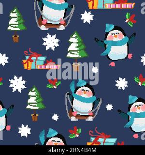 Christmas pattern with penguins, fir-trees and gift boxes Stock Vector