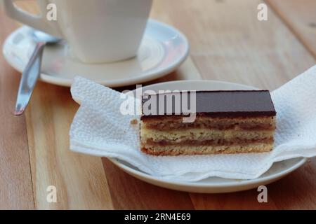 Gerbeaud cake also called Zerbo Rez in Slovakia and Czechia or zserbó szelet in Hungary made of wallnuts filled with jam and with chocolate glaze Stock Photo