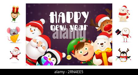 Happy New Year banner with smiling cartoon characters Stock Vector