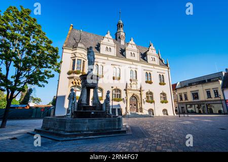 Market fountain in front of Schoenebeck Elbe town hall, Saxony-Anhalt, Germany Stock Photo