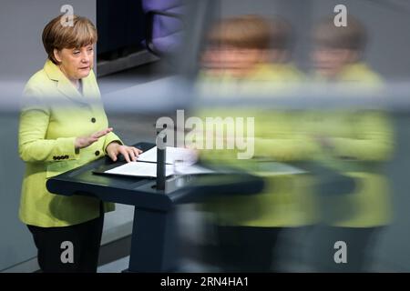 (150521) -- BERLIN, May 21, 2015 -- German Chancellor Angela Merkel speaks on the upcoming G7 summit during a meeting session at the Bundestag, the lower house of parliament, in Berlin, Germany, on May 21, 2015. ) GERMANY-BERLIN-ANGELA MERKEL ZhangxFan PUBLICATIONxNOTxINxCHN   150521 Berlin May 21 2015 German Chancellor Angela Merkel Speaks ON The upcoming G7 Summit during a Meeting Session AT The Bundestag The Lower House of Parliament in Berlin Germany ON May 21 2015 Germany Berlin Angela Merkel ZhangxFan PUBLICATIONxNOTxINxCHN Stock Photo