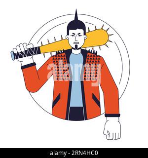 Aggressive punk with baseball bat flat line color vector character Stock Vector