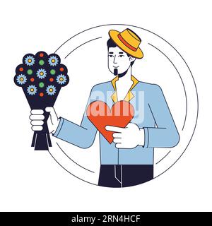 Handsome lover with presents flat line color vector character Stock Vector