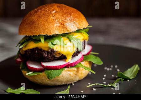 Close up cheeseburger board Stock Photo