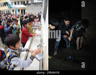 Combo photo shows students washing hands with tap water on Nov. 12, 2014 (L) and students washing feet with well water on Dec. 26, 2012 at Nongyong Primary School of Nongyong Village in Bansheng Township of Dahua Yao Autonomous County, southwest China s Guangxi Zhuang Autonomous Region. Situated at the center of the Karst landforms in west Guangxi, Bansheng Township suffers from severe water deficit for ages. Rainfall therefore is a blessing for people living on this land for about 1,000 years, who are mainly of the Yao ethnic group. To meet their daily life needs, the local people always coll Stock Photo