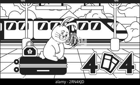 Traveler rabbit on station black white error 404 flash message Stock Vector