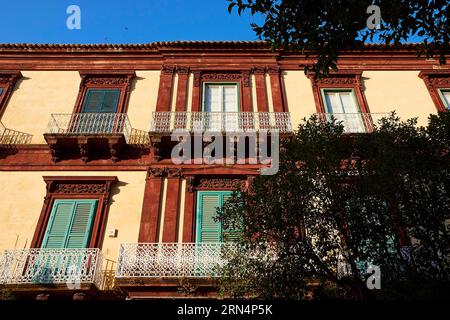 Morning light, baroque house, wide angle from below, facade, balcony, Ragusa Ibla, baroque city, baroque angle, southeast Sicily, Sicily, Italy Stock Photo