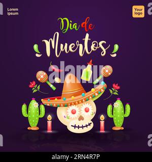 Dia de muertos. Sugar skulls with hats, candles, cacti, flowers, tequila, maracas and chili peppers. Suitable for events Stock Vector