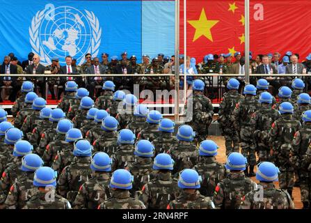 Members of China s peacekeeping infantry battalion line up for inspection by representatives of the Untied Nations at their camp in South Sudan on May 26, 2015. This year marks the 25th anniversary of China s first participation in United nations peacekeeping missions. The two and half decades have witnessed China s diligence in fulfilling its international responsibilities. )(azp) SOUTH SUDAN-UN-PEACE KEEPING-CHINA-INFANTRY BATTALION lixziheng PUBLICATIONxNOTxINxCHN   Members of China S Peacekeeping Infantry Battalion Line up for Inspection by Representatives of The Untied Nations AT their Ca Stock Photo