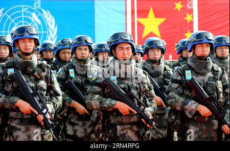 Members of China s peacekeeping infantry battalion stand in formation for inspection by representatives of the Untied Nations at their camp in South Sudan on May 26, 2015. This year marks the 25th anniversary of China s first participation in United nations peacekeeping missions. The two and half decades have witnessed China s diligence in fulfilling its international responsibilities. )(azp) SOUTH SUDAN-UN-PEACE KEEPING-CHINA-INFANTRY BATTALION lixziheng PUBLICATIONxNOTxINxCHN   Members of China S Peacekeeping Infantry Battalion stand in Formation for Inspection by Representatives of The Unti Stock Photo