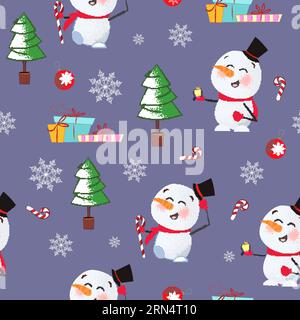 Christmas pattern with snowmen, fir-trees and gift boxes Stock Vector