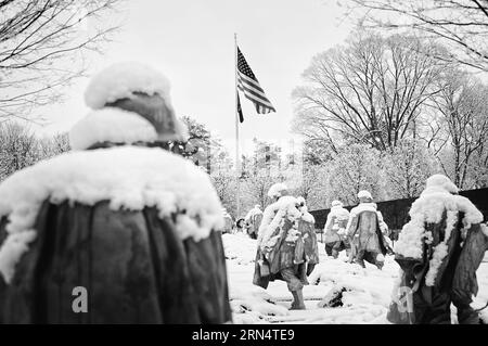 WASHINGTON, DC - Freshly fallen snow on the Korean War Veterans Memorial in Washington DC. The Korean War Memorial on the National Mall on a snowy win Stock Photo