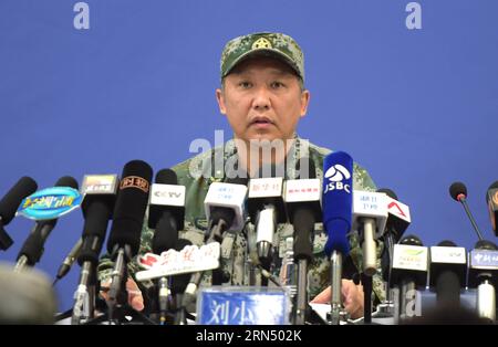 Liu Xiaowu, chief of staff of the Guangzhou Military Area Command, introduces rescue work at a press conference in Jianli County, central China s Hubei Province, June 6, 2015. The death toll from a Chinese cruise ship that capsized on the Yangtze River during freak weather has climbed to 396 as of Saturday noon. Only 14 people have been found alive so far, while another 46 people remain missing, according to the rescue headquarters in Jianli. The Eastern Star was carrying 456 people on a 11-day trip along the river when it was capsized by a tornado on Monday night. ) (lfj) CHINA-HUBEI-SINKING Stock Photo