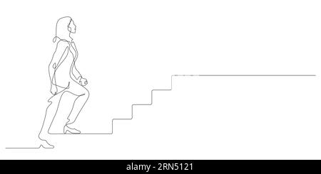 businesswoman walking upward to success stairs in continuous line drawing vector illustration Stock Vector