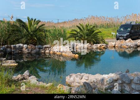 Camper, Kuniavitis Thermal Baths, Cosmetic Springs, Kouniaviti, Kamena Vourla, Phthiotis, Central Greece, Greece Stock Photo