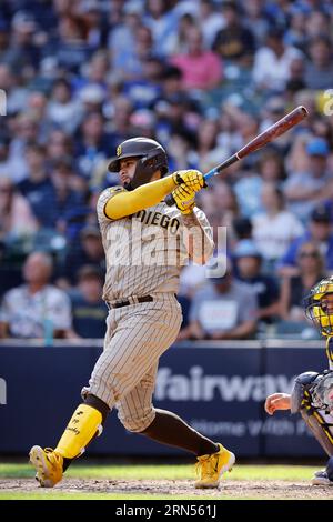 MILWAUKEE, WI - MAY 27: San Diego Padres infielder Fernando Tatis Jr. (23)  fields his position at shortstop during the MLB game against the Milwaukee  Brewers on May 27, 2021 at American