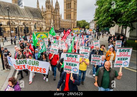 London, UK. 31st Aug, 2023. RMT members march on Parliament and Downing Street to save ticket offices. They were joined by passenger groups and disability rights campaigners ahead of the consultation on the future of ticket, offices, closing on September 1. There have already been around half a million responses as Train operating companies seek to close up to 1000 ticket offices and cut 2300 jobs. Credit: Guy Bell/Alamy Live News Stock Photo