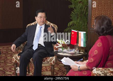 (150616) -- NEW DELHI, June 16, 2015 -- Zhang Dejiang, chairman of the Standing Committee of China s National People s Congress, speaks during an interview with the TV station of India s Lok Sabha (House of the People) in New Delhi, India, June 16, 2015. ) (lfj) INDIA-CHINA-ZHANG DEJIANG-VISIT XiexHuanchi PUBLICATIONxNOTxINxCHN   New Delhi June 16 2015 Zhang Dejiang Chairman of The thing Committee of China S National Celebrities S Congress Speaks during to Interview With The TV Station of India S Lok Sabha House of The Celebrities in New Delhi India June 16 2015 lfj India China Zhang Dejiang V Stock Photo